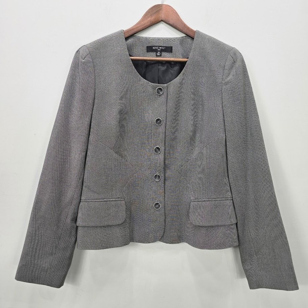 Nine West Blazer Jacket 14‎ Gray Button Collarless Lined Career Office Business